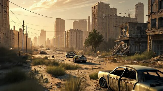 Game is called walking dead. A city with cars and apocalypse in the sky. A field of sand and buildings lit up. The title of the game lifestyle is the walking dead.