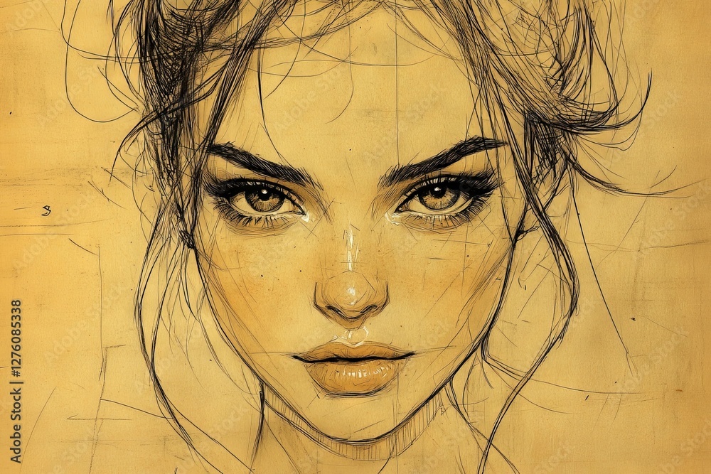 Aufkleber artistic portrait sketch of a young woman with expressive eyes and subtle features on tan paper back
