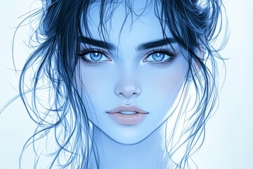 Fototapeta premium Dynamic portrait of a young woman with striking blue features and delicate facial details against a soft background