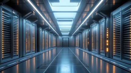 A futuristic server room with rows of data racks illuminated by blue lights, showcasing a sleek and high-tech atmosphere.