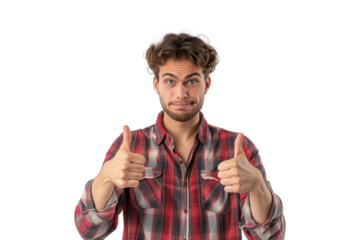 Young man giving double thumbs up with a neutral expression, isolated on white background, perfect for positivity themes