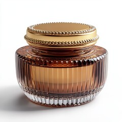A luxury skincare cream jar with a golden lid, hyper-realistic details, white background