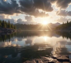 Obraz premium Sunlight bursts through the cloudy horizon over a lake, light, clouds