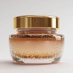 A luxury skincare cream jar with a golden lid, hyper-realistic details, white background