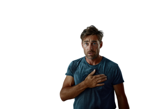 Man with hand on chest expressing gratitude and emotion in a contemplative moment of reflection and sincerity