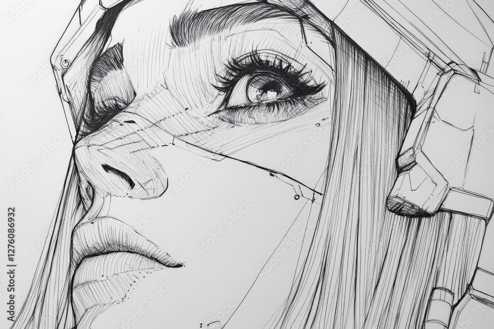 Poster Detailed line art depicting a futuristic character with striking features and a helmet in a sci-fi setting