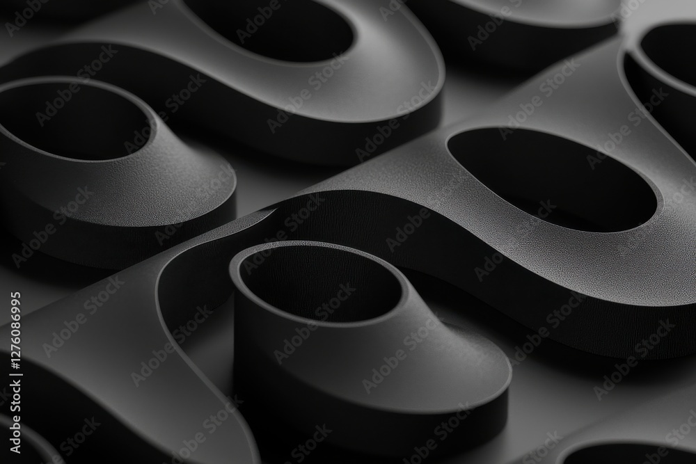 Wall mural black abstract shapes and curves on matte surface for design projects