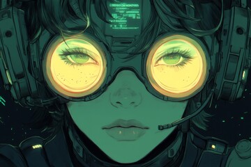Futuristic character with glowing goggles engaged in a digital environment at night in a cyberpunk setting