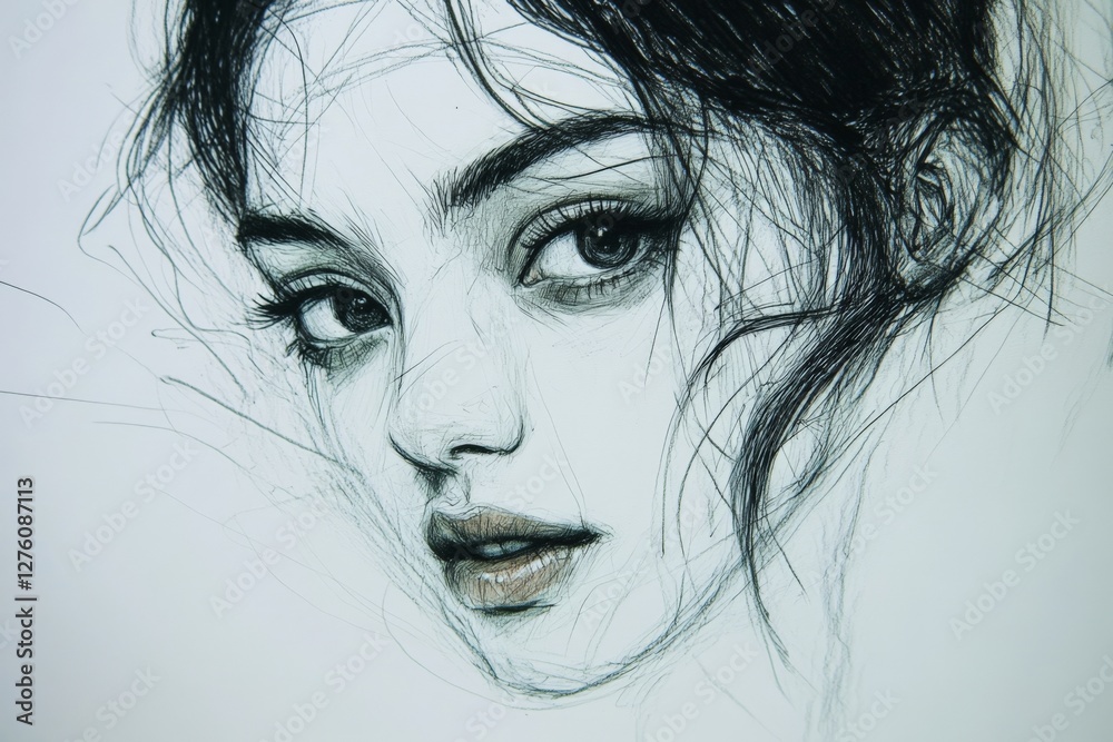 Poster detailed sketch of a woman's face showing intricate features and expressive eyes in a light artistic