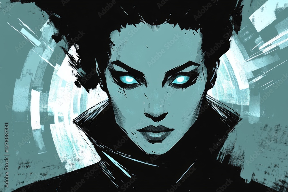 Poster mysterious character with glowing eyes and dark attire in a futuristic background