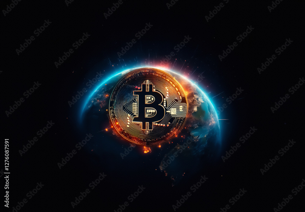 Poster bitcoin symbol glowing over planet earth in dark space, suggesting global digital currency and techn