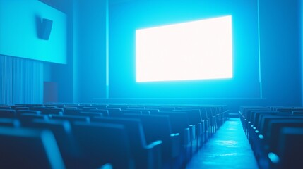 Fototapeta premium Empty theater with blue lights. Blank screen in cinema. A mockup of a hall with a giant auditorium with a giant ai. Vacant auditorium illuminated by blue lifestyle lights.