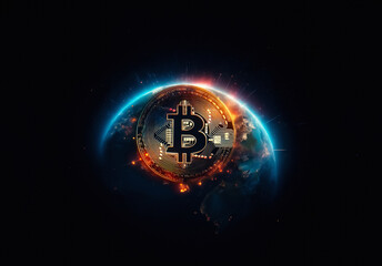 Bitcoin symbol glowing over planet earth in dark space, suggesting global digital currency and technology influence. Blue and orange light effects around the globe.