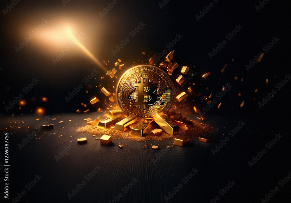 Fototapete golden bitcoin coin and gold bars are breaking apart with a bright light shining from the background