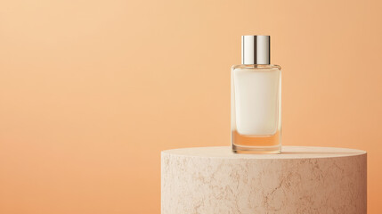plain white perfume bottle stands elegantly on textured pedestal against warm orange background, evoking sense of simplicity and sophistication