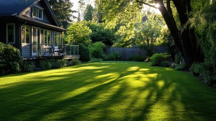 Obraz premium lush green lawn and house in a sunny backyard