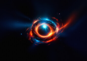 Obraz premium Fiery and icy energy swirls in a cosmic dance. A luminous orb at the center emits bright light, surrounded by dynamic, colorful nebulous clouds in deep space.