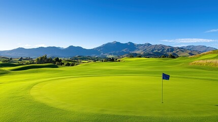 A serene golf course landscape featuring a blue flag on the green, framed by mountains under a clear blue sky.