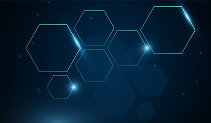 Abstract AI blue light lines on dark background with a dark blue digital background with glowing hexagonal outlines. Small light particles are scattered across, giving a high-tech and modern vector