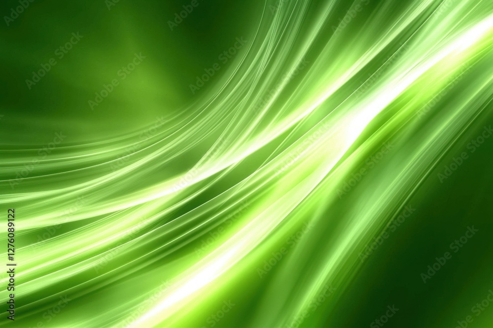 Wall mural smooth green waves with subtle light trails in abstract design