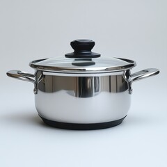 A metal cooking pot with a glass lid, white background, hyper-realistic