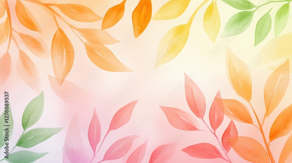 Poster A soft, colorful background featuring stylized leaves in various hues, creating a serene and artistic atmosphere.