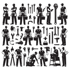 Handyman, repair worker, and plumber in uniform vector illustration. Character constructor for animation. Front, side, and back view set. Body parts, postures, poses collection. 