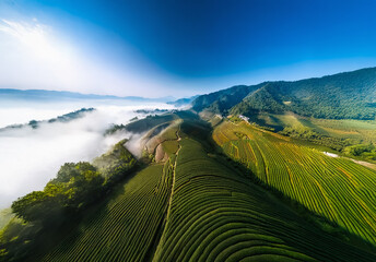 A serene aerial perspective captures rolling green hills covered with lush fields, partially veiled in gentle fog under a clear blue sky, creating a tranquil and scenic landscape.