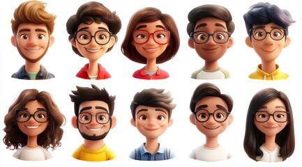 Smiling People Closeup Portrait Set Cute Cartoon Businessman Male and Female Avatars Multi-ethnic Man and Woman Faces Isolated on White Background