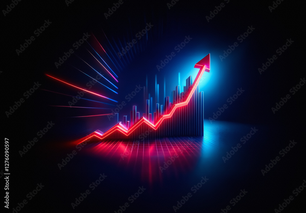 Poster Bright neon red arrow pointing upwards, symbolizing growth and progress against a dark background with bar graph elements in a futuristic style.