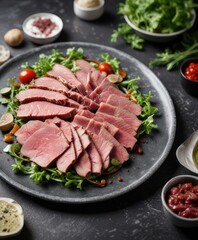 Fototapeta premium Thinly sliced raw beef on a black marble table with arugula salad, white truffle sauce, and homemade pesto , red wine glass, pistachios and mustard, raw beef carpaccio