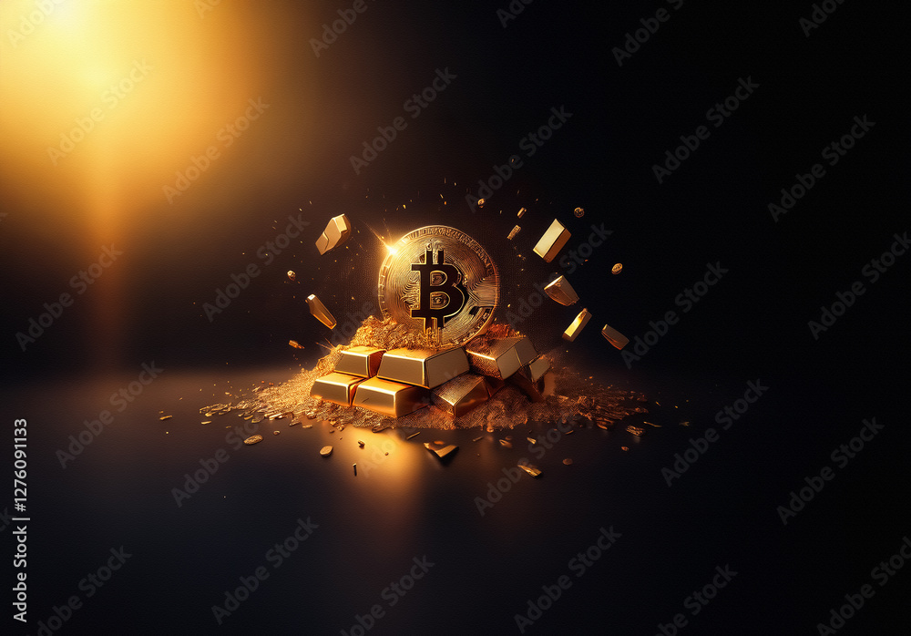 Poster golden bitcoin coin and bars gleam on a dark surface, symbolizing modern wealth and investment in di