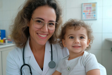 Caring pediatrician examining smiling child in colorful medical office, creating a warm and trusting atmosphere, ensuring a positive healthcare experience for young patients.