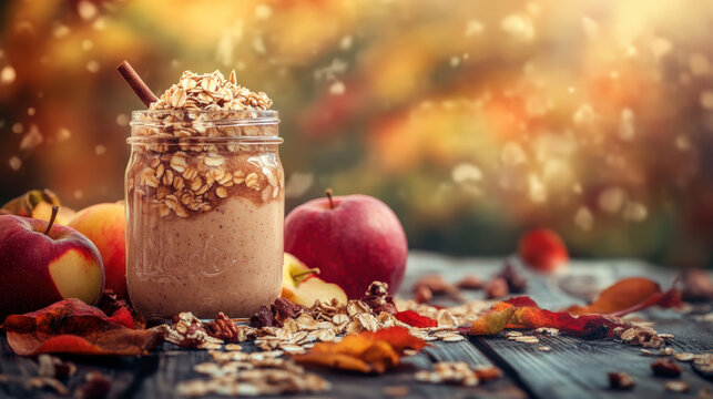 Creamy apple cinnamon smoothie in mason jar topped with oats, surrounded by fresh apples and autumn leaves, evoking warm, cozy feeling of fall