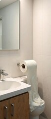 Fototapeta premium Toilet paper roll on the bathroom counter with a used sheet hanging out , tissue box empty, used sheet hanging loose, exposed toilet paper