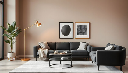  Modern living room with black sofa, armchair, neutral walls, artwork, and tall plant