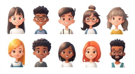 Smiling People Closeup Portrait Set Cute Cartoon Businessman Male and Female Avatars Multi-ethnic Man and Woman Faces Isolated on White Background