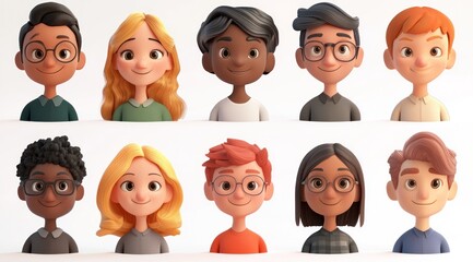 Smiling People Closeup Portrait Set Cute Cartoon Businessman Male and Female Avatars Multi-ethnic Man and Woman Faces Isolated on White Background