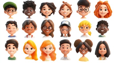 Smiling People Closeup Portrait Set Cute Cartoon Businessman Male and Female Avatars Multi-ethnic Man and Woman Faces Isolated on White Background