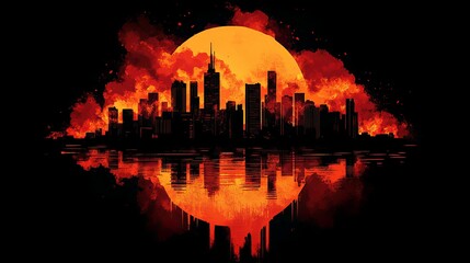 Fototapeta premium Fiery Sunset Over Cityscape Silhouette Reflection