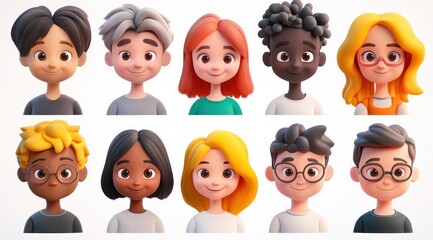 Smiling People Closeup Portrait Set Cute Cartoon Businessman Male and Female Avatars Multi-ethnic Man and Woman Faces Isolated on White Background