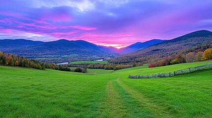 Fototapeta premium A beautiful landscape scene with rolling hills and a colorful sky at sunset. Lush greenery leads to distant mountains bathed in warm light