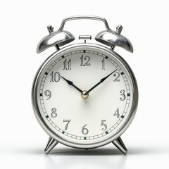 A minimalist alarm clock with a metal frame, realistic reflections, white background