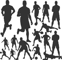 Soccer football group of men playing set of isolated vector silhouette team sport athletes.