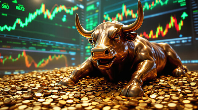Est&aacute;tua dourada de touro deitada sobre uma pilha de moedas de ouro, com gr&aacute;ficos financeiros ao fundo, simbolizando prosperidade, mercado em alta e riqueza.