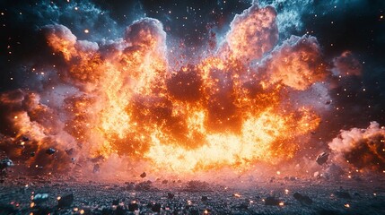 Fiery explosion with massive smoke and debris cloud