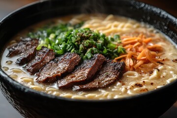 Fototapeta premium Vegetable and meat noodles, colorful and delicious soup