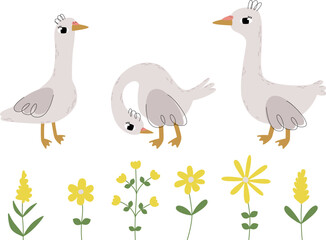 Cartoon goose. Farm bird and flowers. Poultry. Botanical hand drawn illustration
