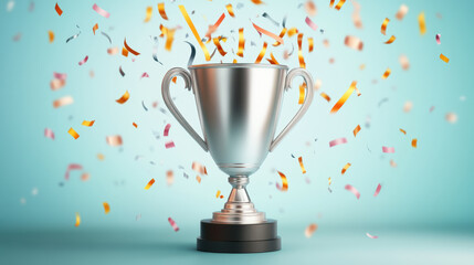 shiny trophy stands proudly against light blue background, surrounded by colorful confetti, symbolizing celebration and achievement