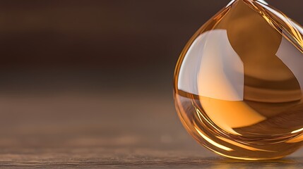 Close-up of a single droplet of amber liquid on a wooden surface with soft lighting